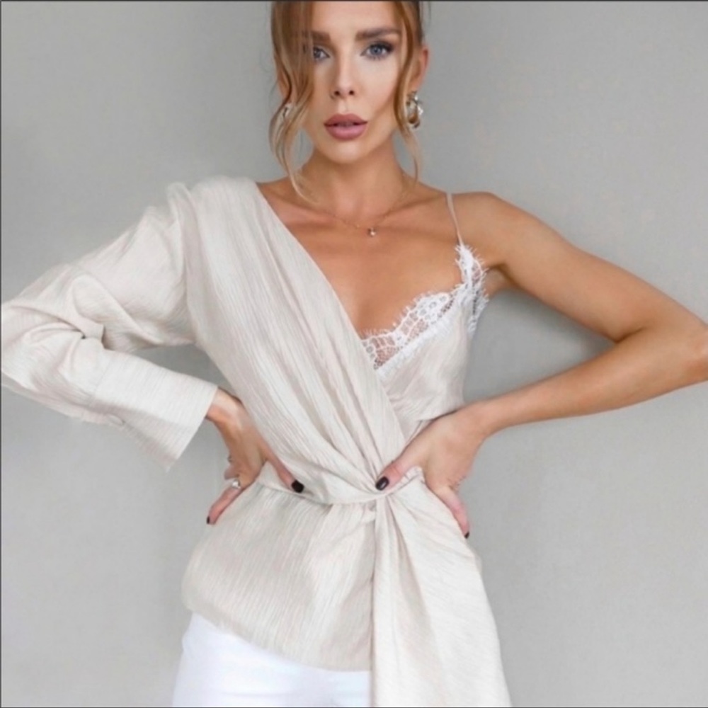 Zara Satin Wrinkled Cream Lace Trim Asymmetric One Long Sleeve Knot Cami Top